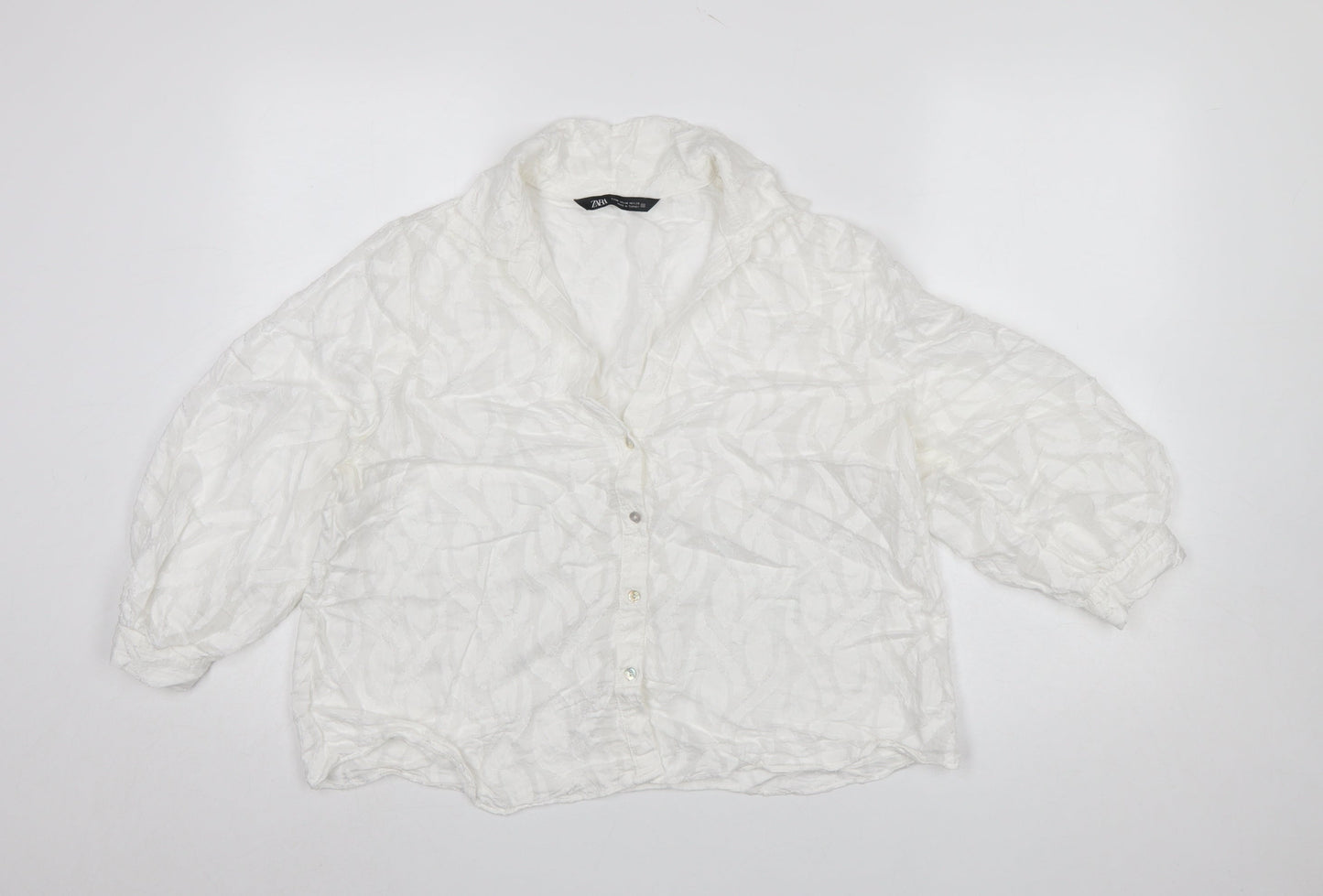 Zara Women White Textured Button-Up Blouse Size M Relaxed Fit