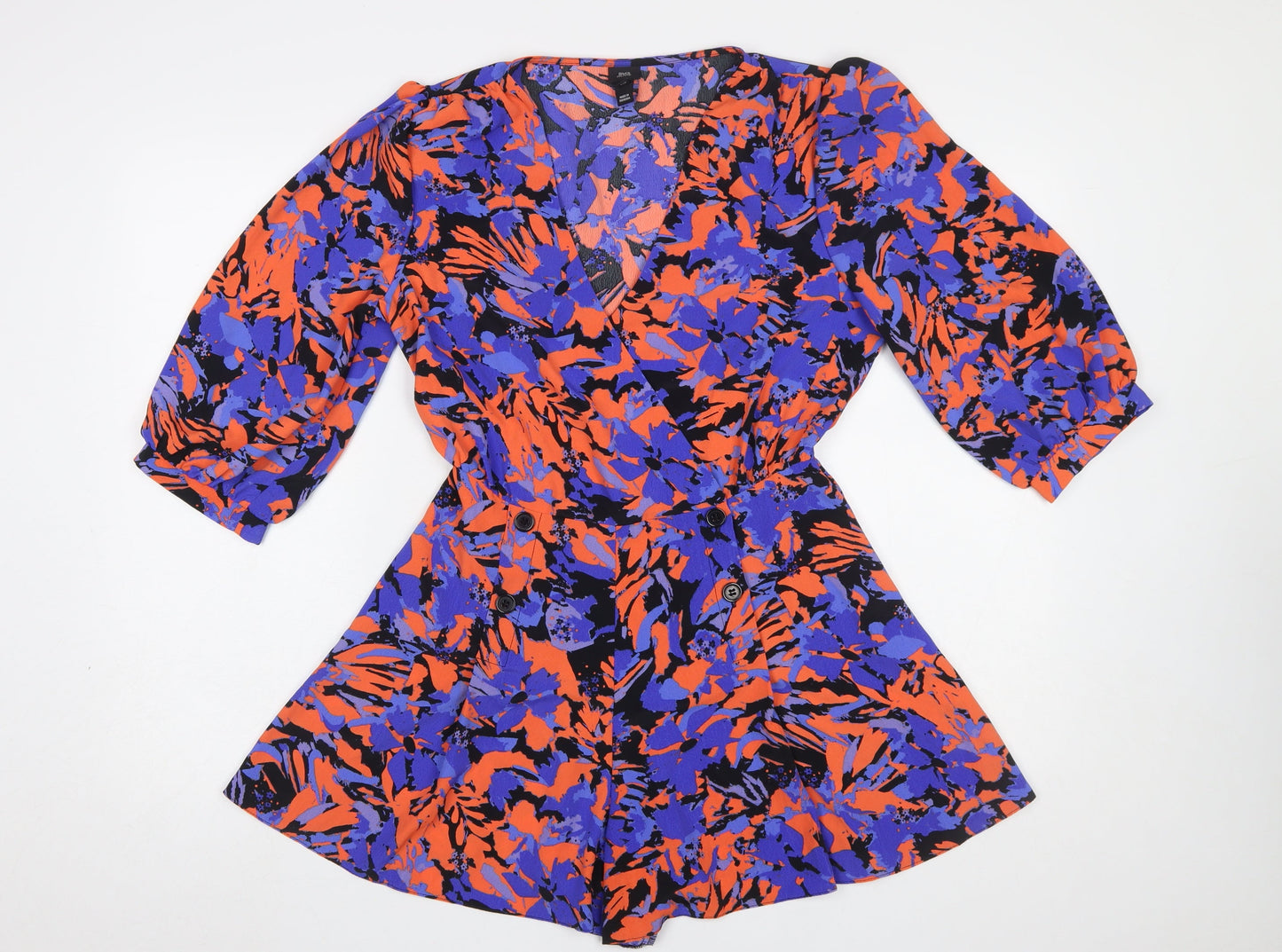 River Island Women’s Multicoloured Floral Playsuit Size 10 V-Neck 3/4 Sleeve