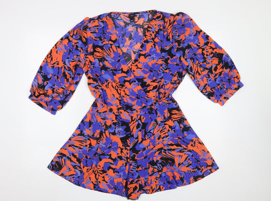 River Island Women’s Multicoloured Floral Playsuit Size 10 V-Neck 3/4 Sleeve