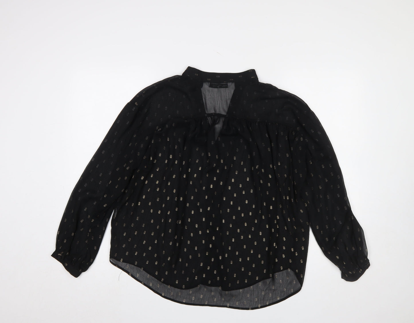 Zara Women Black Tunic Blouse Size 12 Long Sleeve Sheer Chiffon