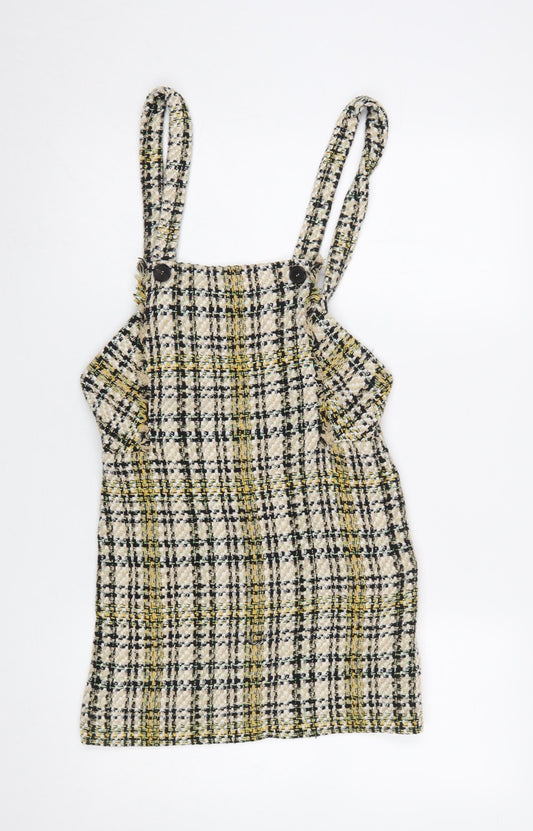 Zara Women Beige Tweed Check Pinafore Dress Size S