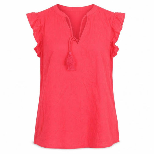 Front view of Dunnes Women’s Pink Cotton Tassel V-Neck Tunic Blouse, size S