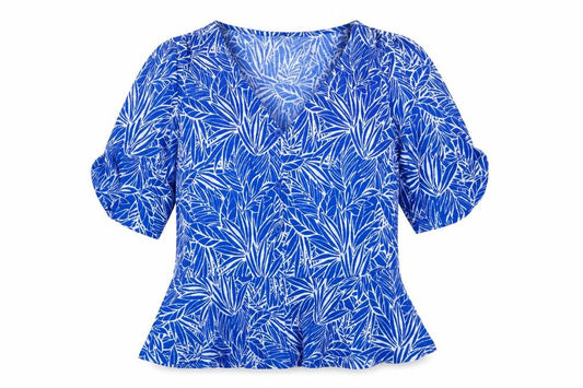 Front view of Dunnes Women's Blue Floral V-Neck Button Blouse Medium