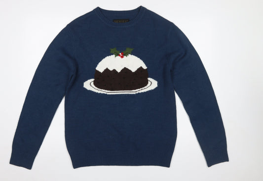 Red Herring Men Blue Medium Christmas Pudding Knit Jumper