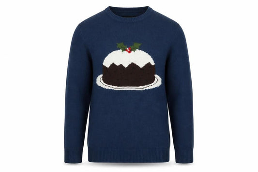 Front view of Red Herring Men Blue Medium Christmas Pudding Knit Jumper
