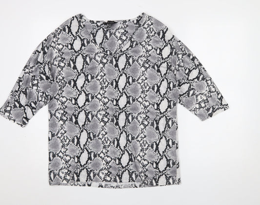 New Look Women's Grey Snake Print 3/4 Sleeve V-Neck Blouse Size 8