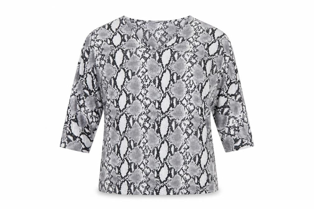 New Look Women's Grey Snake Print 3/4 Sleeve V-Neck Blouse Size 8
