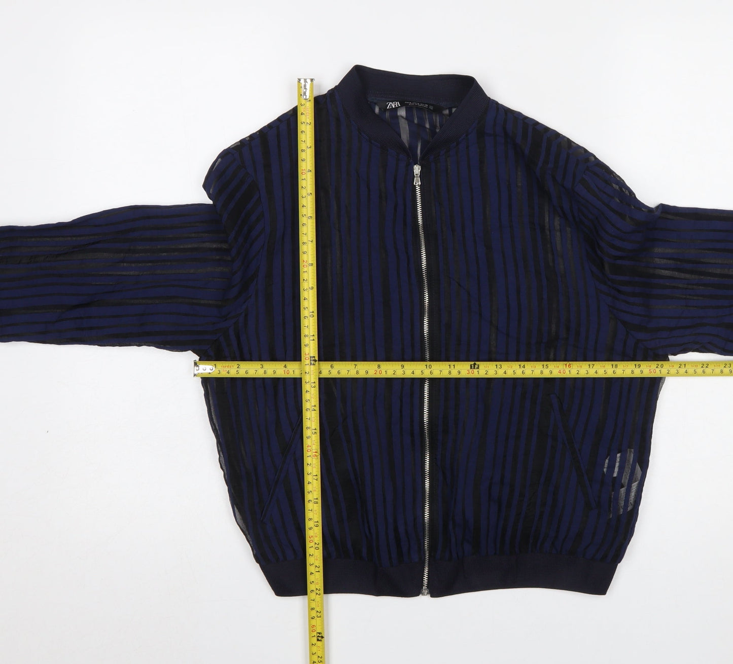 ZARA Women Blue Striped Sheer Zip Blouse Size 12