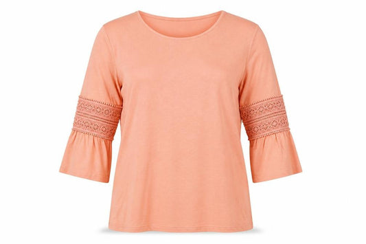Front view of Dunnes Women’s Pink Crochet Bell Sleeve Tunic T-Shirt, size UK 10