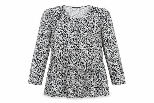 Front view of Dunnes Women’s Black Floral Long Sleeve Tunic Blouse, size UK 12