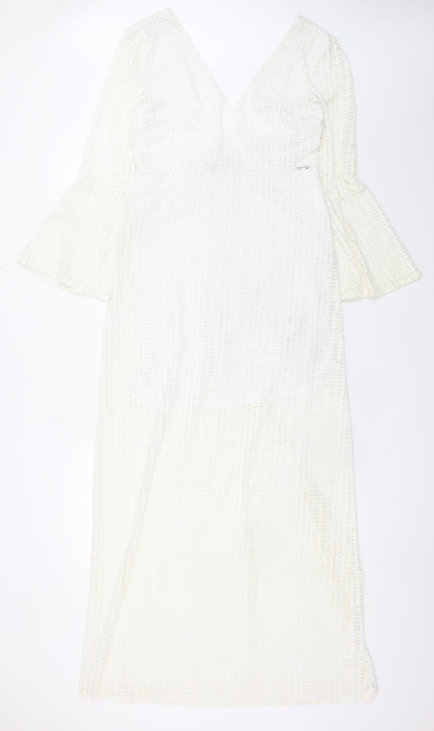 Guess Women White Lace Maxi Long Sleeve V-Neck Dress Size 12