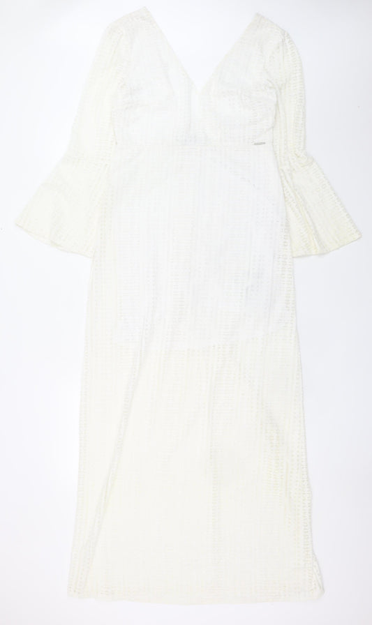 Guess Women White Lace Maxi Long Sleeve V-Neck Dress Size 12