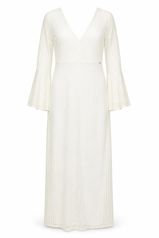 Guess Women White Lace Maxi Long Sleeve V-Neck Dress Size 12