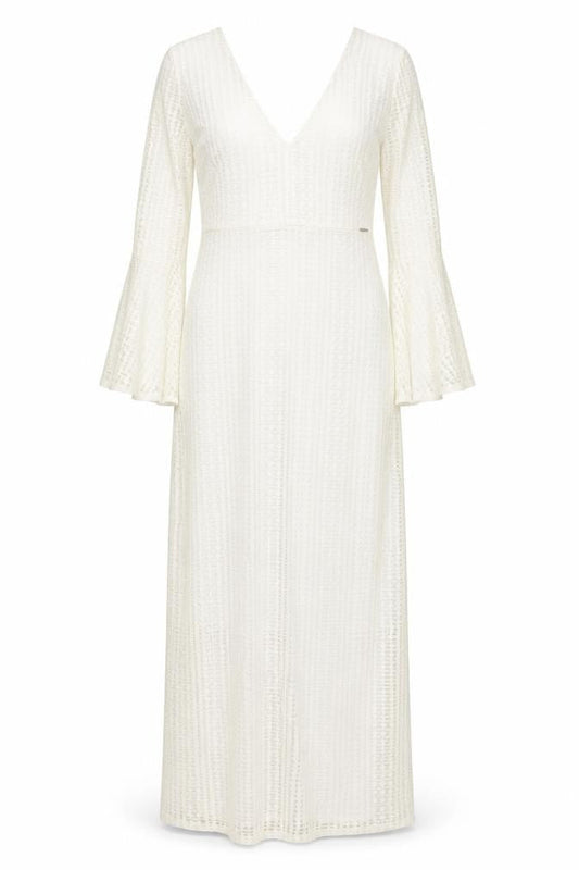 Guess Women White Lace Maxi Long Sleeve V-Neck Dress Size 12