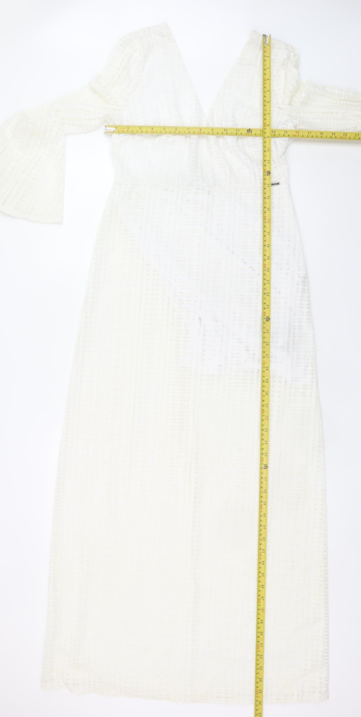 Guess Women White Lace Maxi Long Sleeve V-Neck Dress Size 12