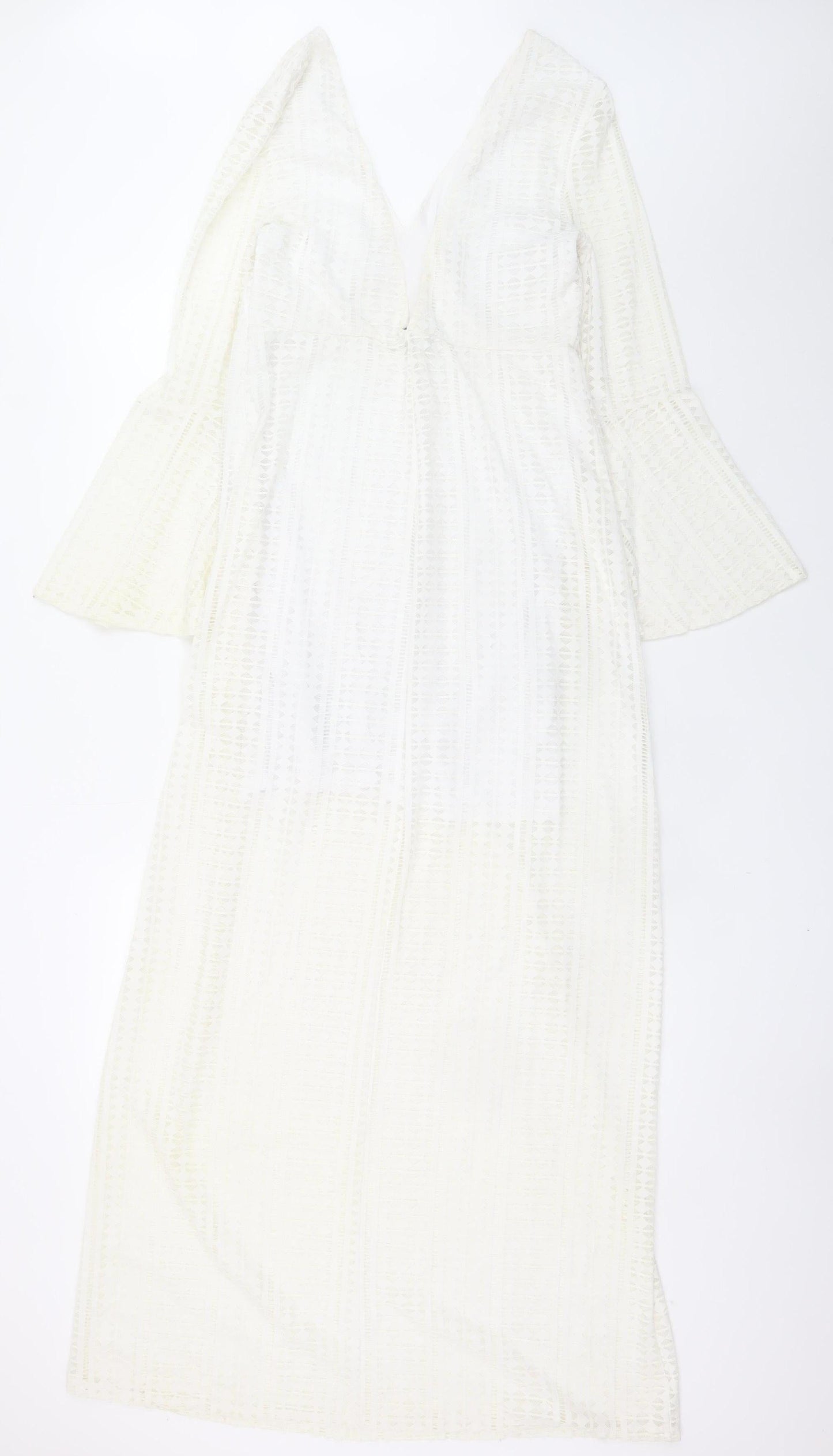 Guess Women White Lace Maxi Long Sleeve V-Neck Dress Size 12
