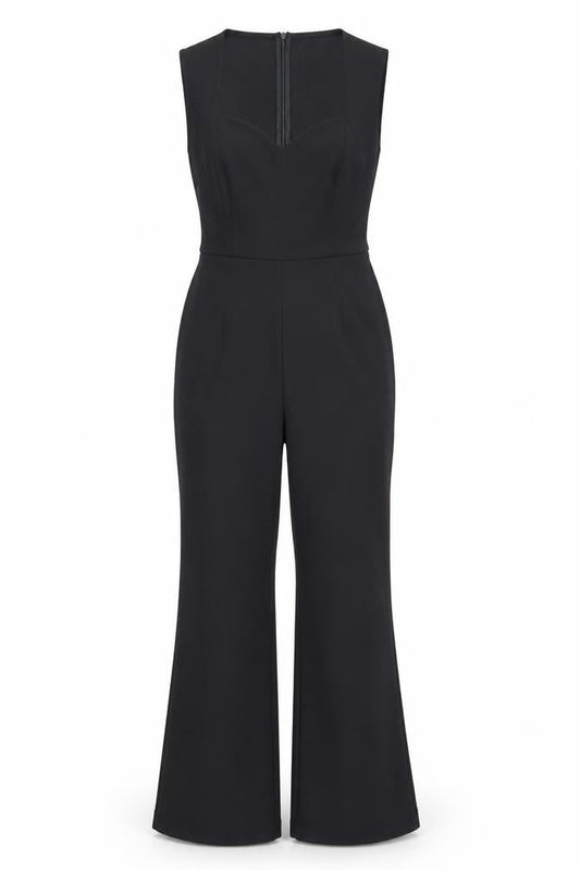 Front view of Girl in Mind Black Sleeveless Jumpsuit UK 10 Flared Leg Zip Back
