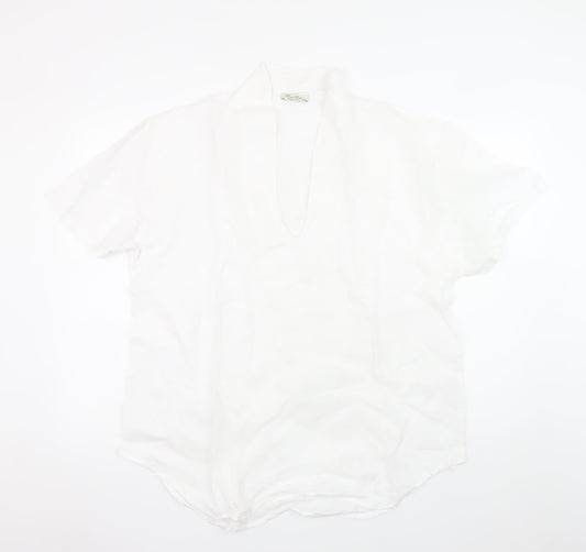 Puro Lino Men's White Linen Short Sleeve V-Neck Casual T-Shirt 2XL