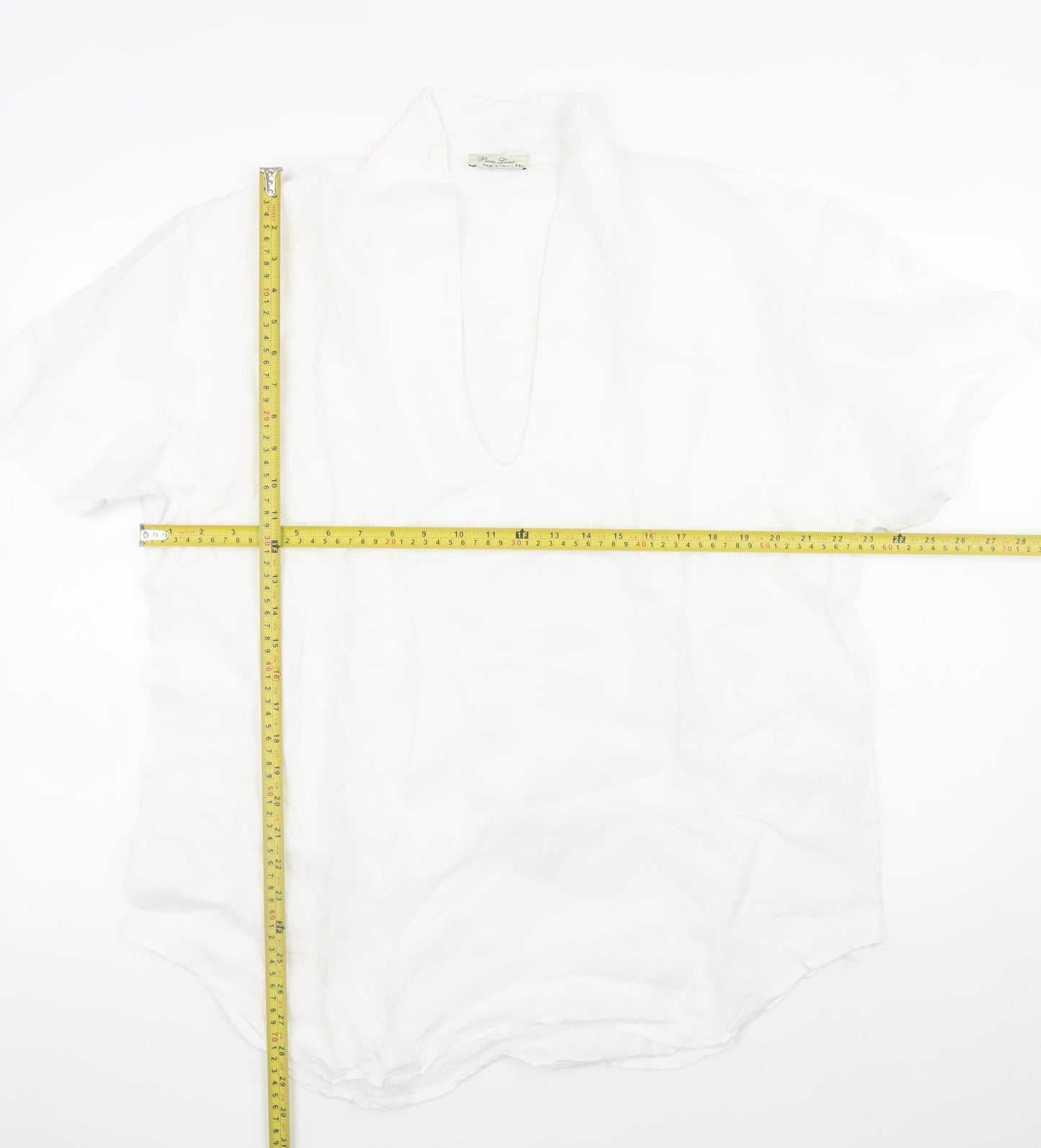 Puro Lino Men's White Linen Short Sleeve V-Neck Casual T-Shirt 2XL