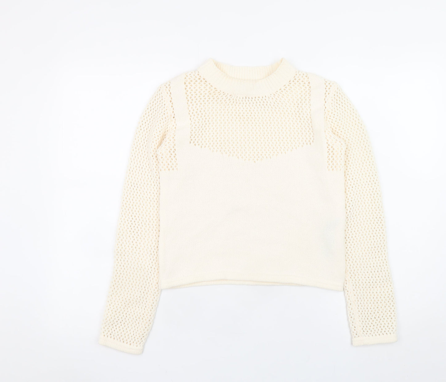 Zara Women Ivory Mock Neck Open Knit Pullover Jumper Size S