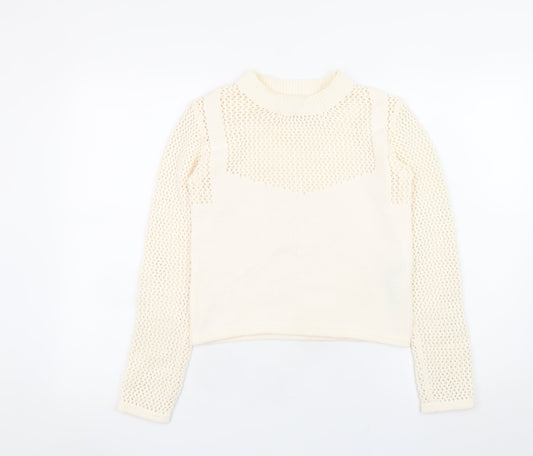 Zara Women Ivory Mock Neck Open Knit Pullover Jumper Size S