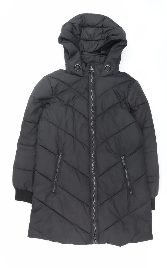 Jacqueline de Yong Women Black Small Quilted Long Hooded Puffer Jacket