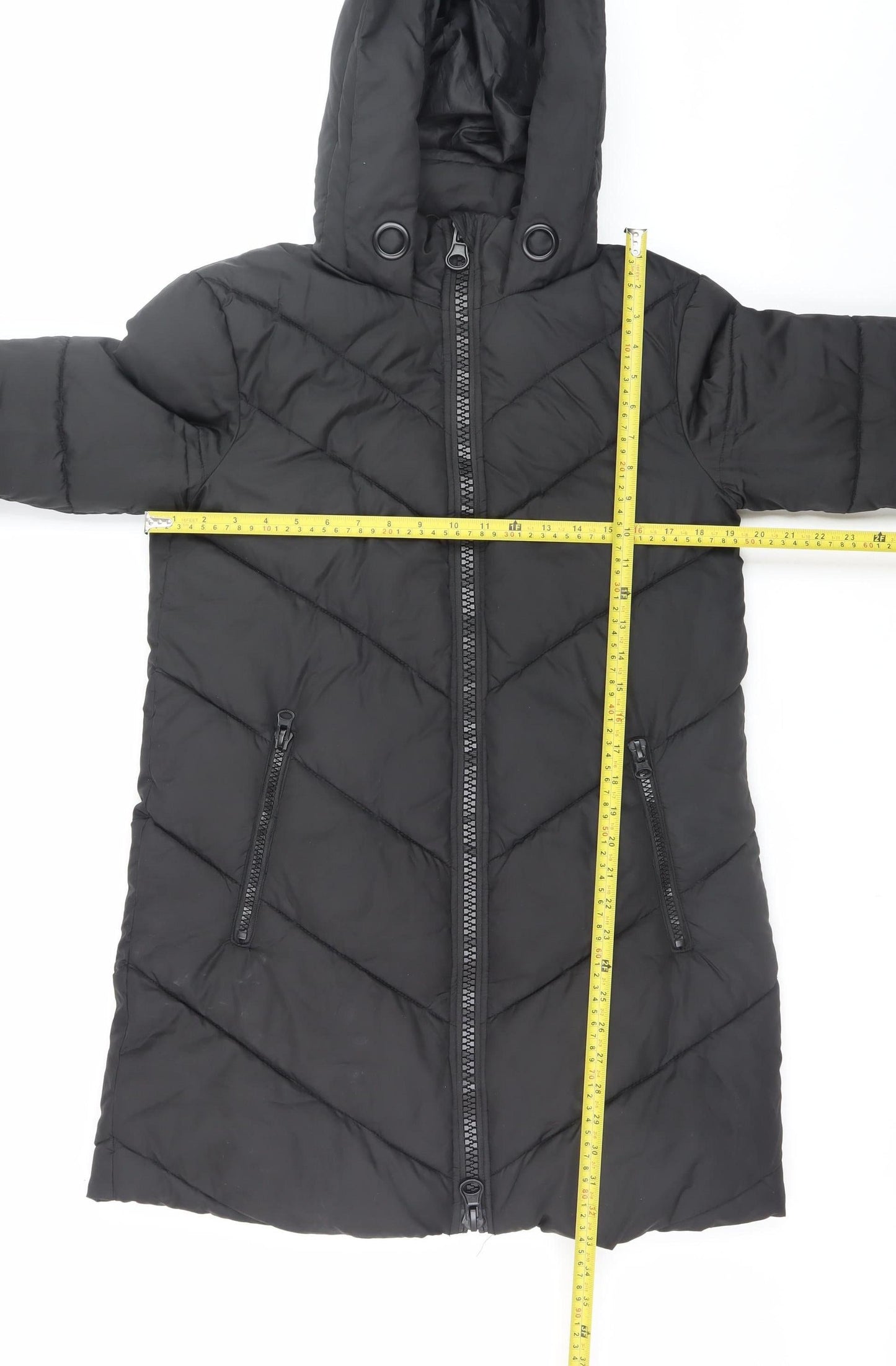 Jacqueline de Yong Women Black Small Quilted Long Hooded Puffer Jacket