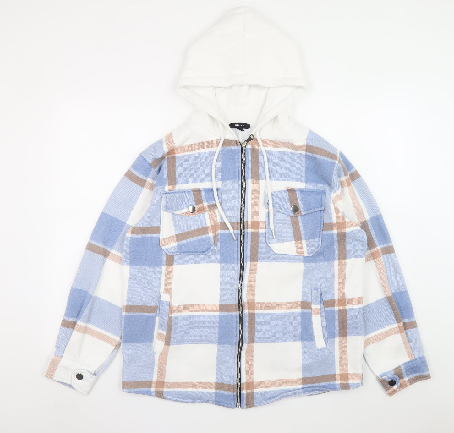Rising Men’s Blue Check Hooded Full Zip Jacket Size L