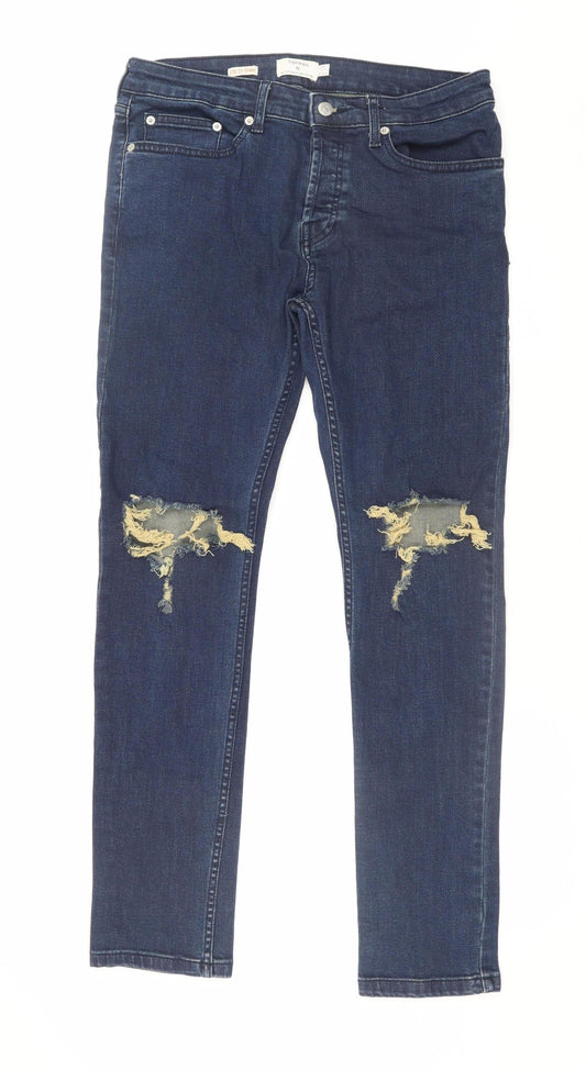 Topman Men's Blue Stretch Skinny Jeans 32R Distressed Denim