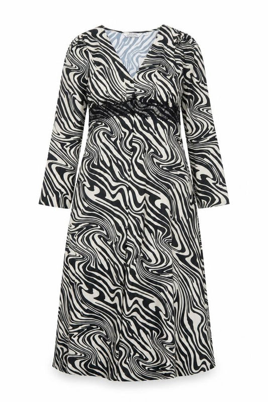 Front view of Dorothy Perkins Petite Black Beige Midi Wrap Dress UK 10