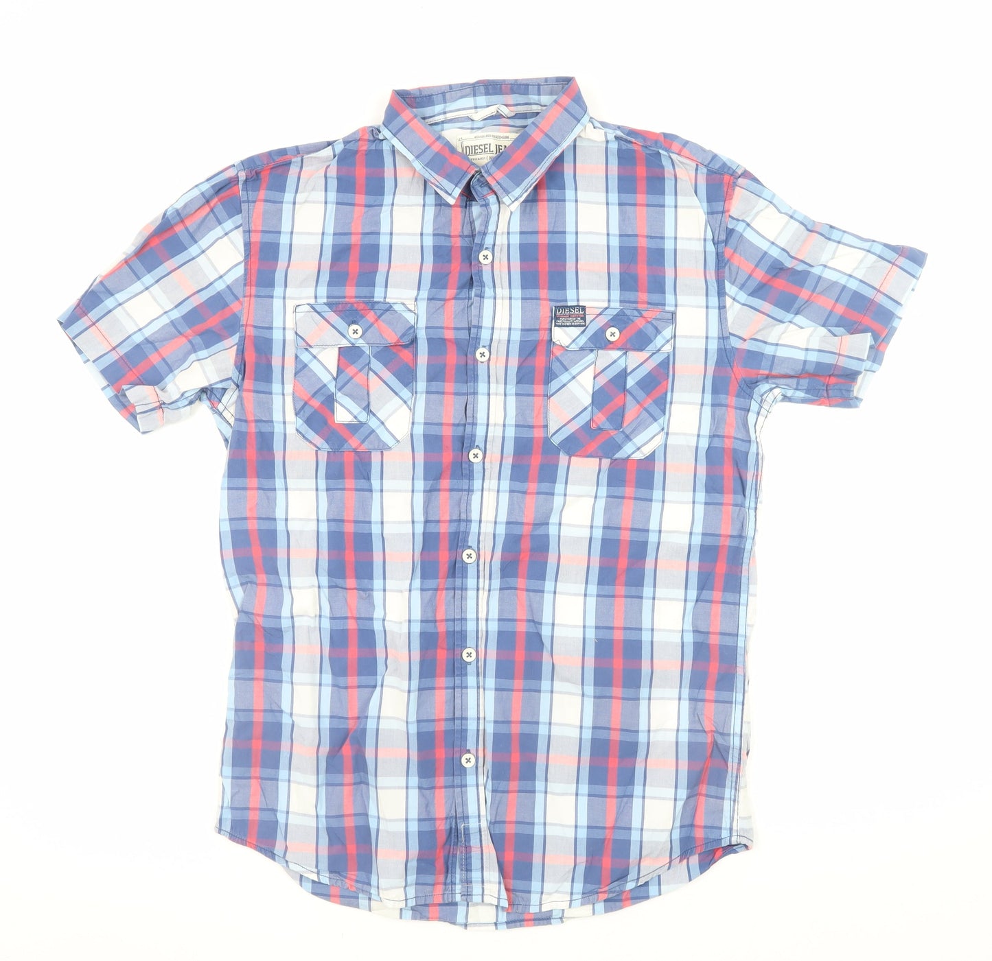 Diesel Jeans Men's Blue Check Short Sleeve Cotton Button-Up Shirt Size M