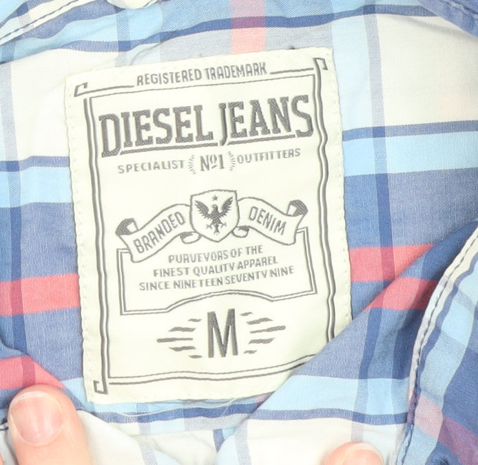 Diesel Jeans Men's Blue Check Short Sleeve Cotton Button-Up Shirt Size M