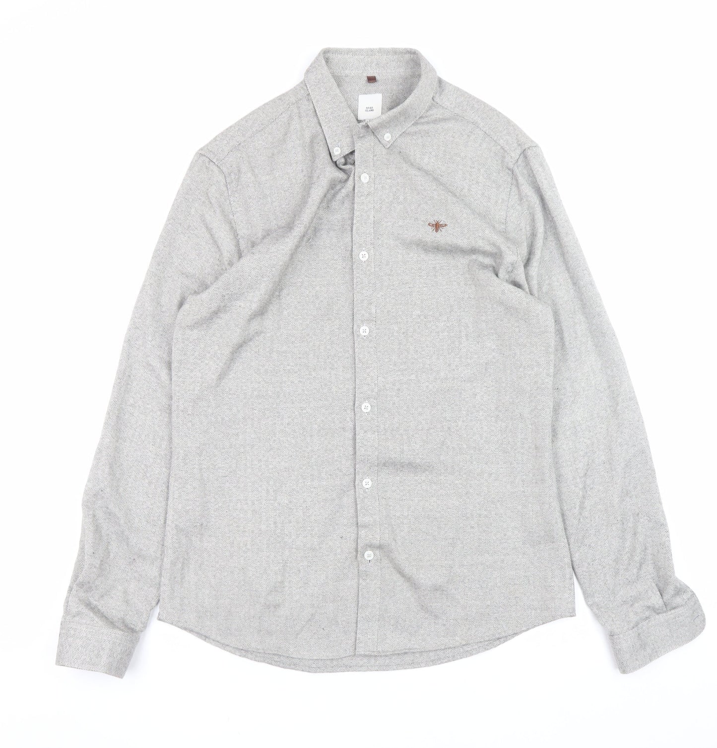 River Island Mens Grey Herringbone Button-Down Long Sleeve Shirt M