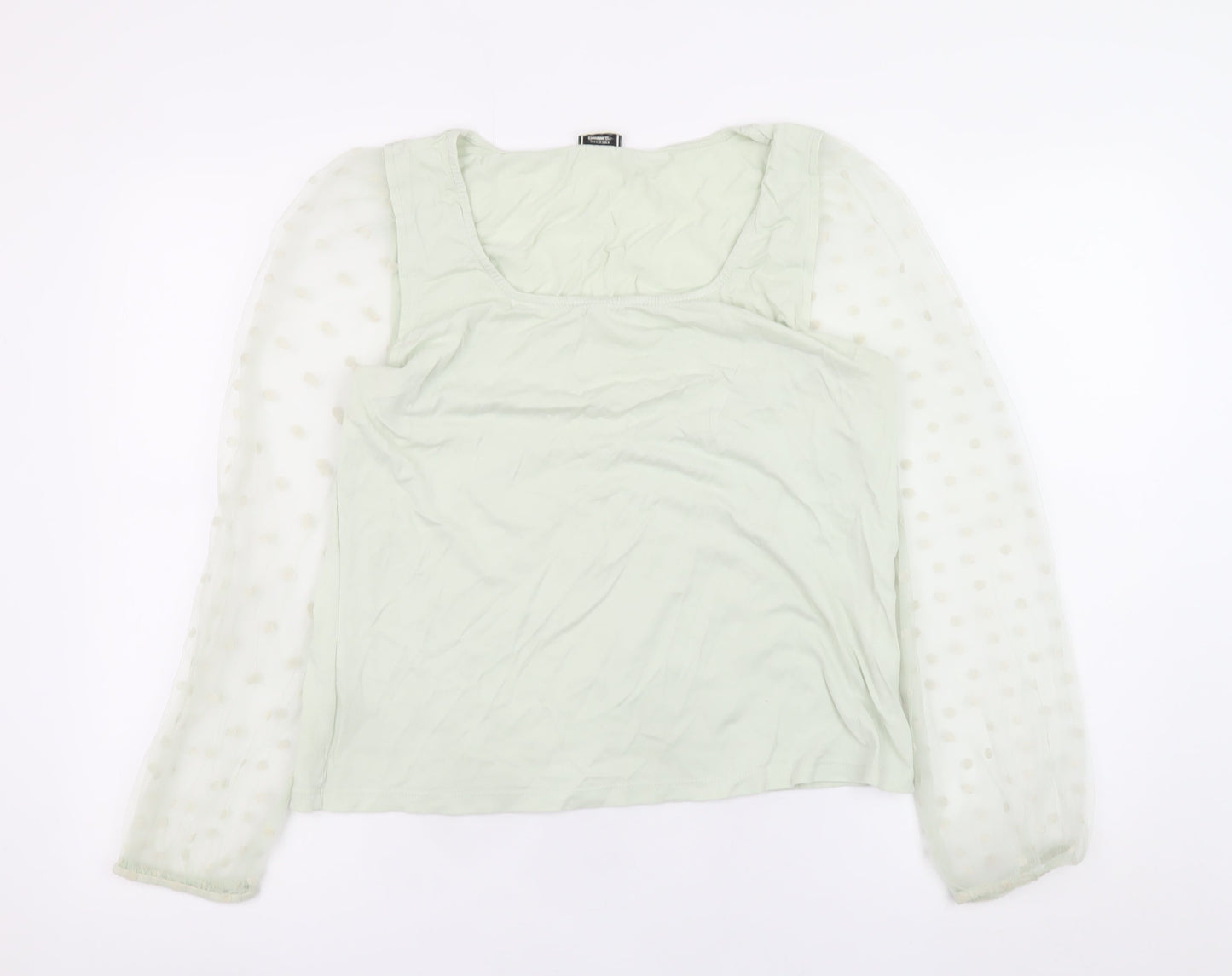 Pimkie Womens Green Sheer Puff Sleeve Square Neck Blouse Size L