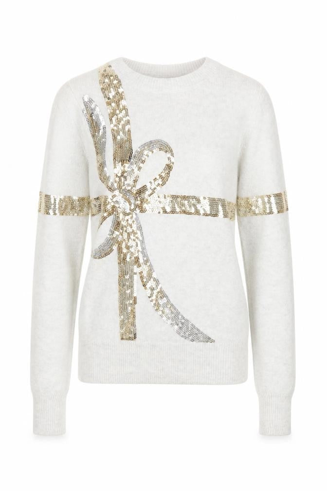 Oasis Women Ivory Sequin Bow Jumper XS Winter Pullover