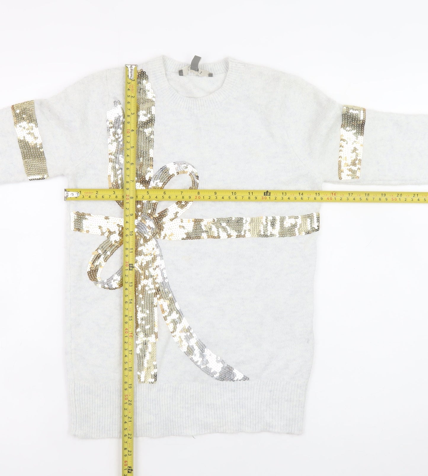 Oasis Women Ivory Sequin Bow Jumper XS Winter Pullover