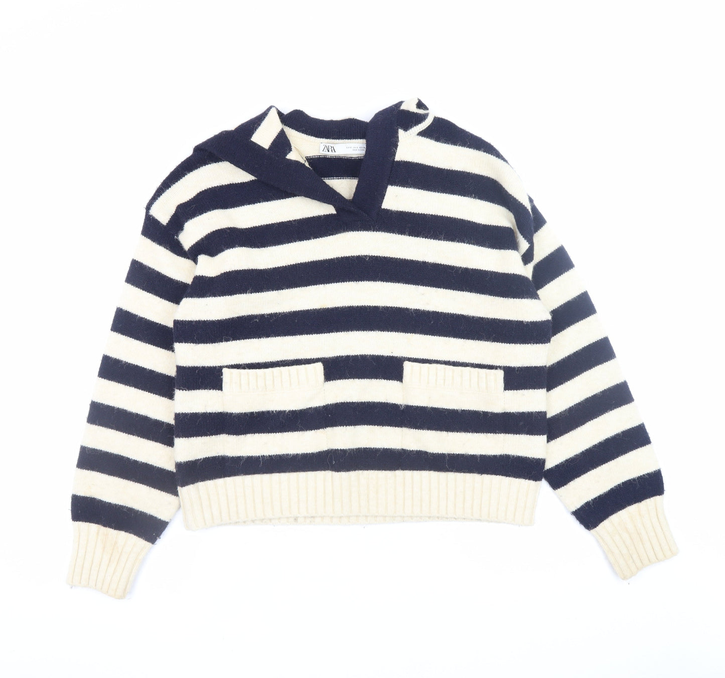 Zara Women’s Navy & Cream Striped V-Neck Jumper Size S Wool Blend