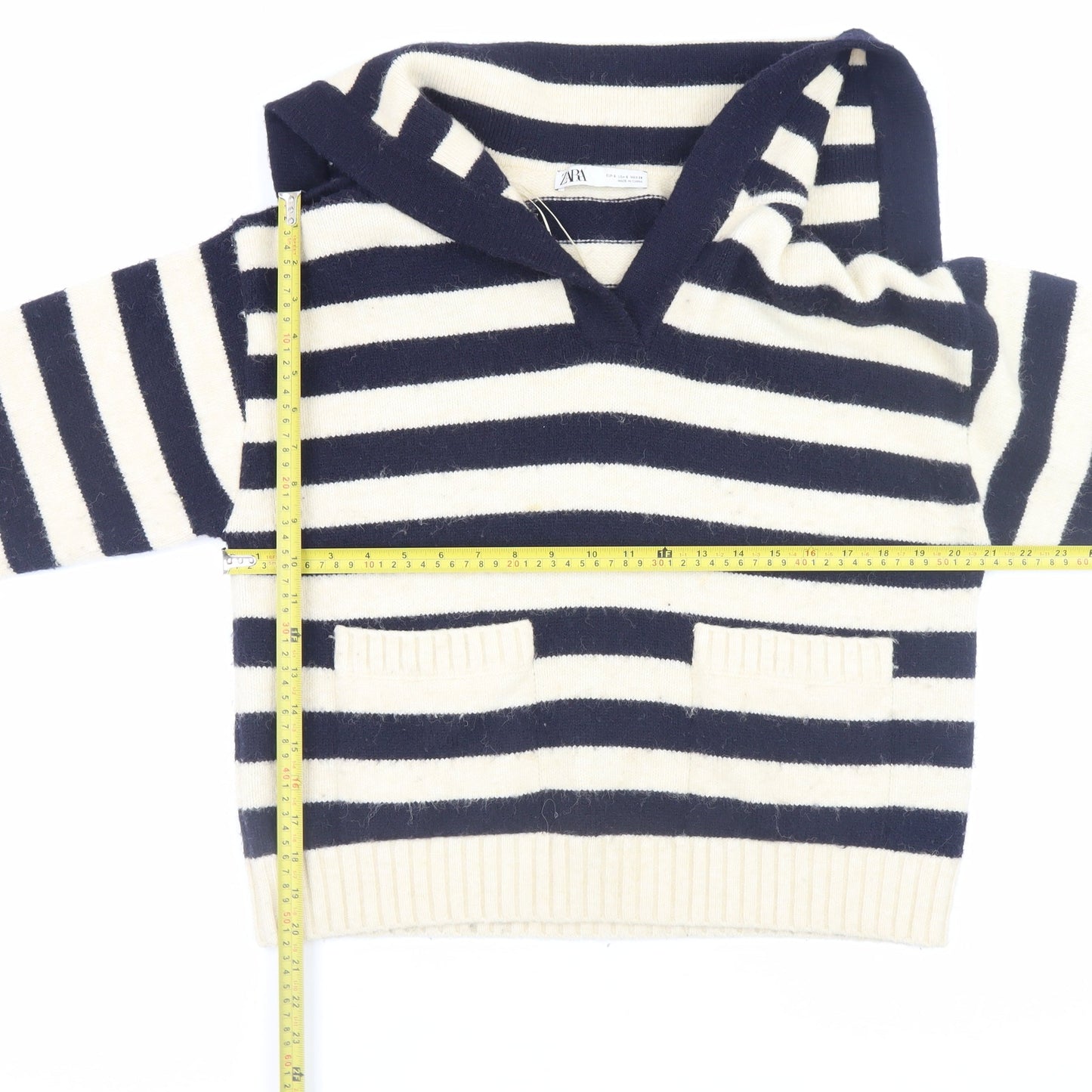 Zara Women’s Navy & Cream Striped V-Neck Jumper Size S Wool Blend