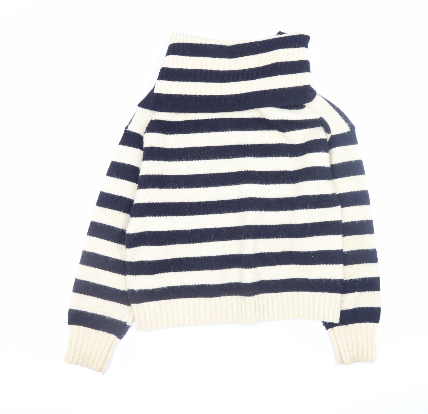 Zara Women’s Navy & Cream Striped V-Neck Jumper Size S Wool Blend