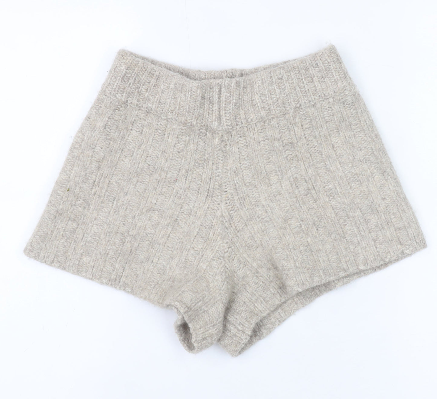 Zara Women Beige Wool Blend Rib Knit High Rise Hot Pants XS