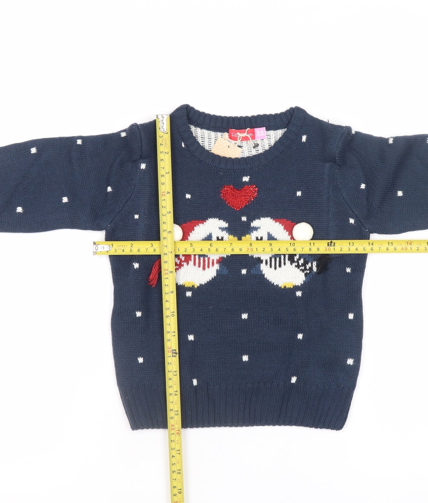 Lily & Dan Girls Navy 5-6 Years Christmas Penguin Jumper