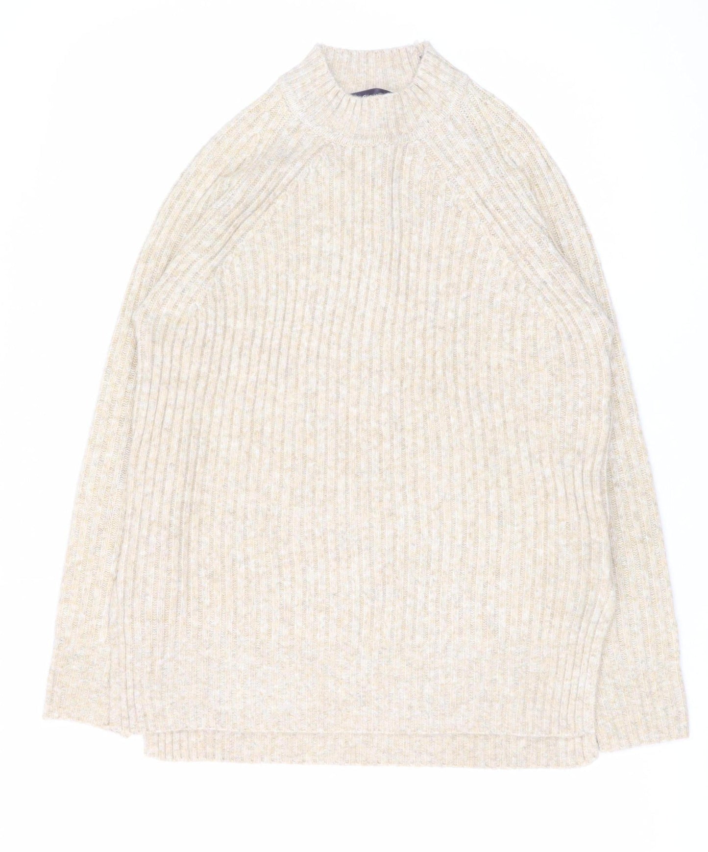 Marks and Spencer Women Beige Wool Blend Ribbed Mock Neck Jumper S