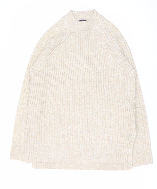 Marks and Spencer Women Beige Wool Blend Ribbed Mock Neck Jumper S
