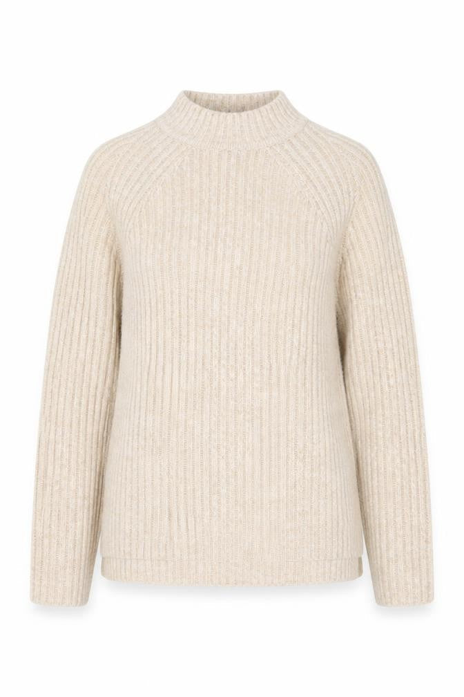 Marks & Spencer Women Beige Wool Blend Ribbed Mock Neck Jumper S
