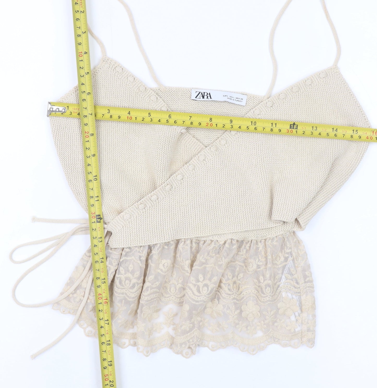 ZARA Women Beige Knit Wrap Lace Hem Camisole Top L