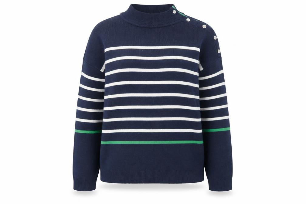 Damart Women Blue Striped Mock Neck Button Pullover Jumper Size 14/16