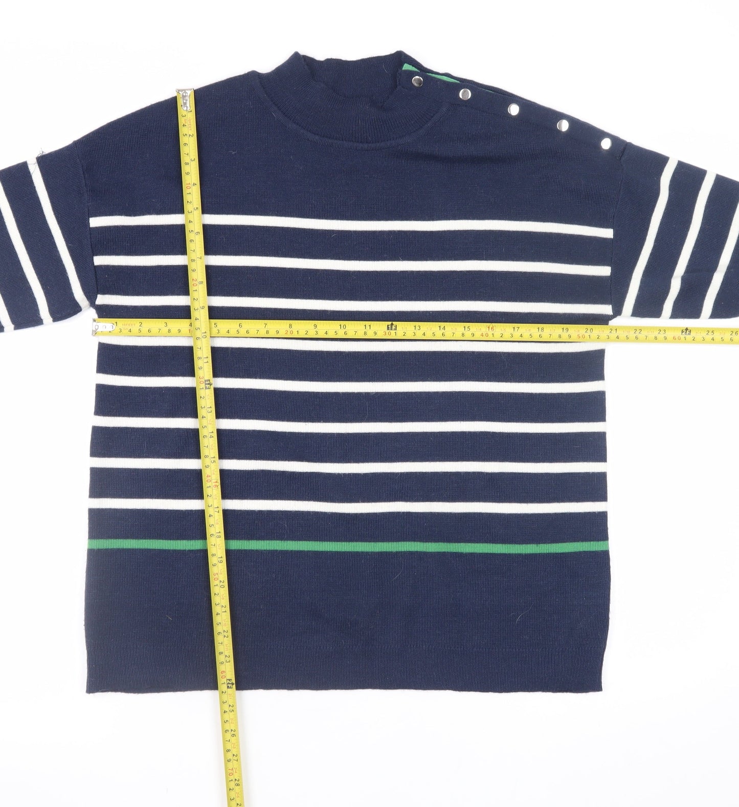 Damart Women Blue Striped Mock Neck Button Pullover Jumper Size 14/16