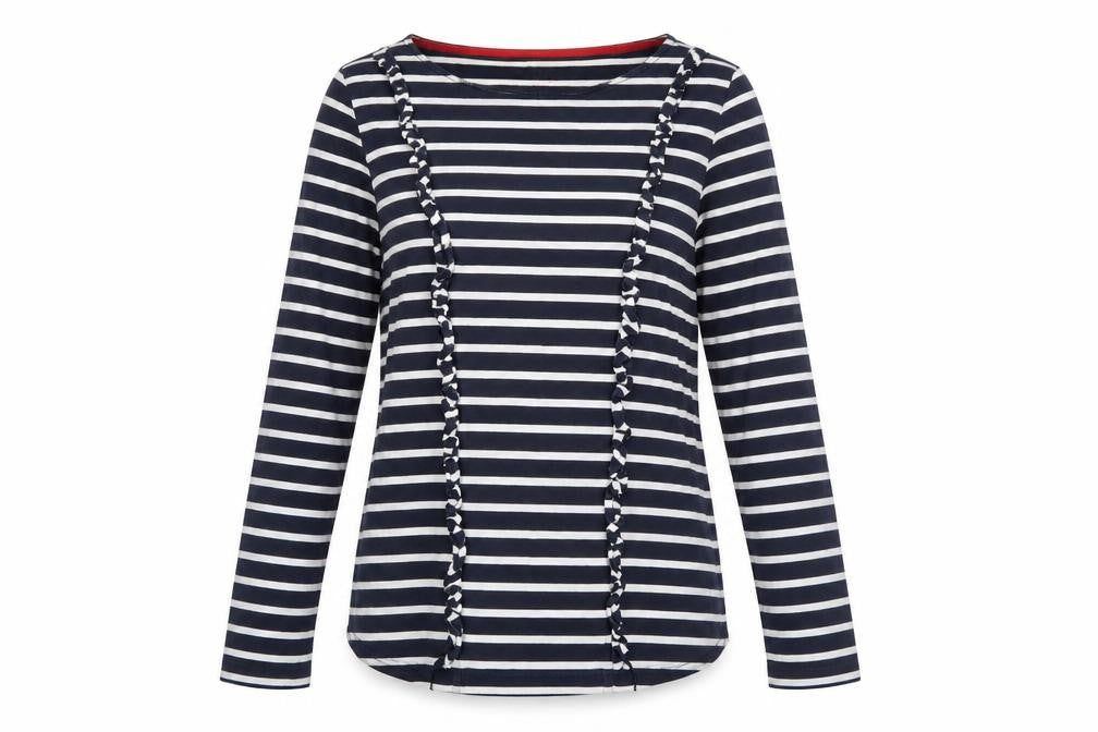 Boden Women’s Blue White Striped Cotton Long Sleeve Ruffle Top Size 8