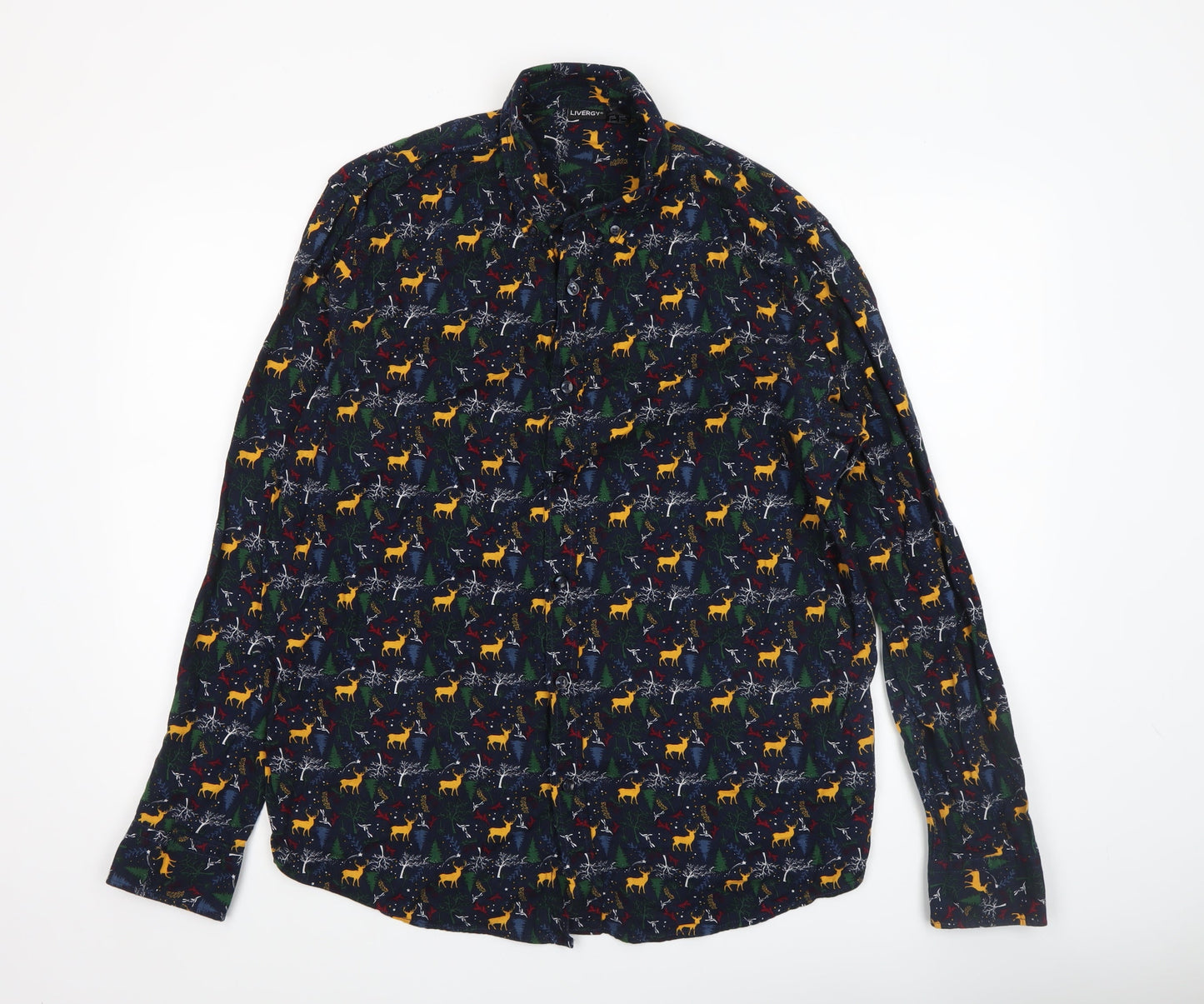 Livergy Men’s Blue Christmas Deer Cotton Long Sleeve Button-Up Shirt XL