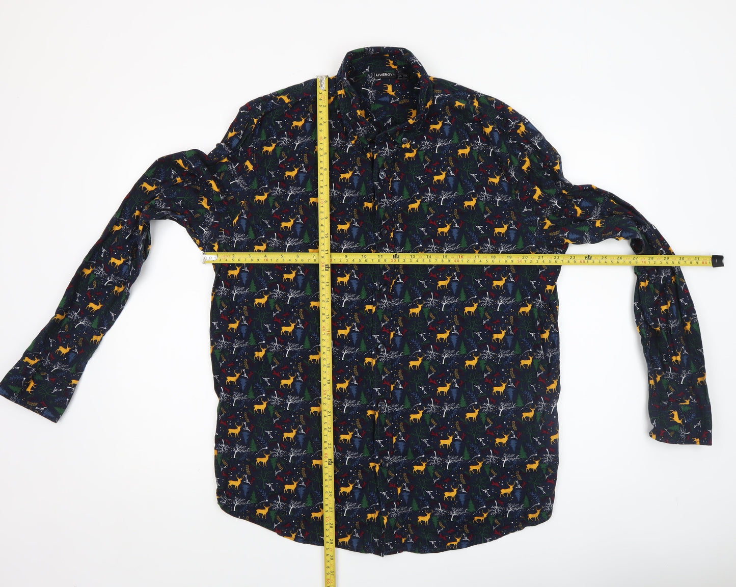 Livergy Men’s Blue Christmas Deer Cotton Long Sleeve Button-Up Shirt XL